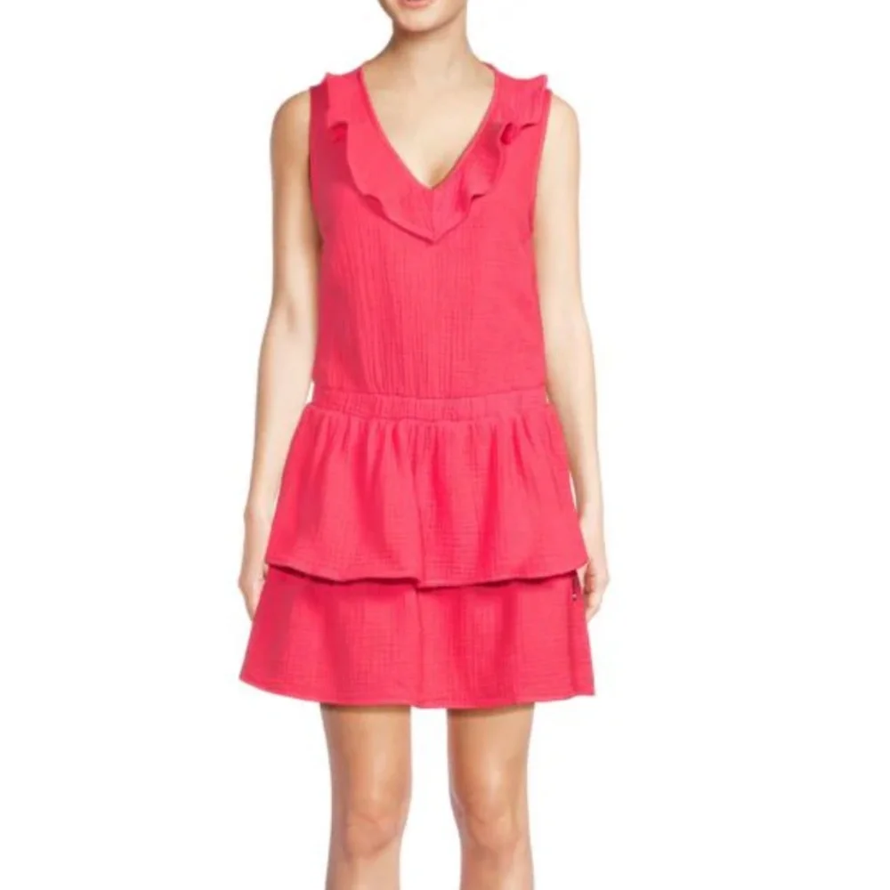 NWT Sol Angeles 100% cotton Ruffle V Neck Mini Dress - Pink M - Picture 1 of 3